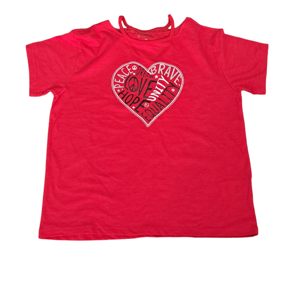 NWT BCBG  Red White Black Glitter Short Sleeve Girls Peace  Heart Top Size  L